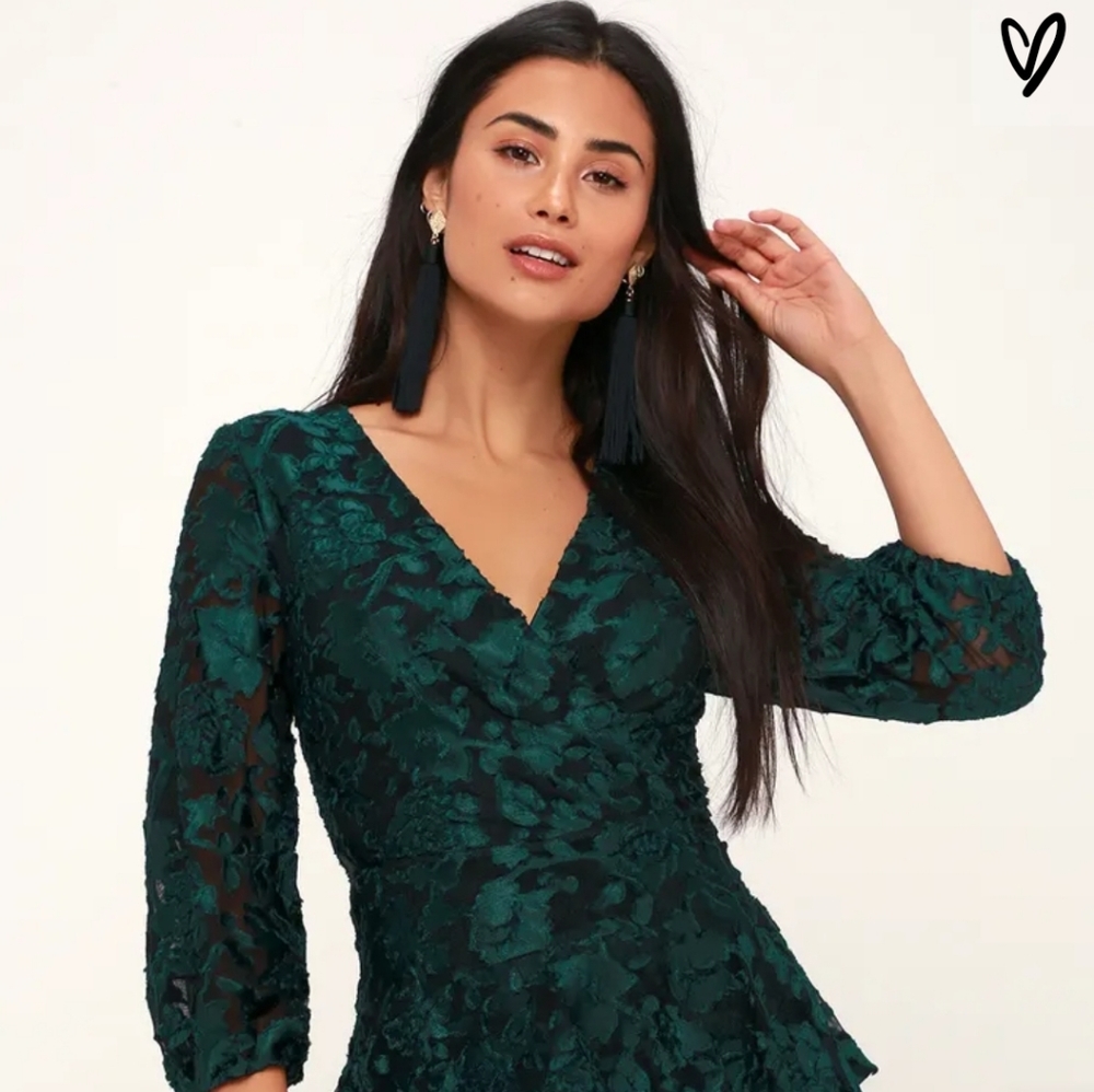 New Journey Forest Green Velvet Floral Print Dress